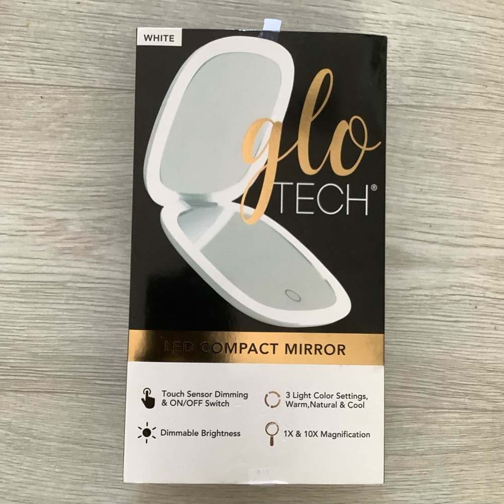 GLO TECH LED COMPACT Magnifying Small Mirror 1X & 10X Travel 4” BLACK AND WHITE